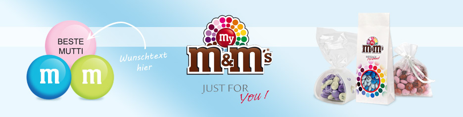 MyM&M's Logo mit drei farbigen Schokolinsen